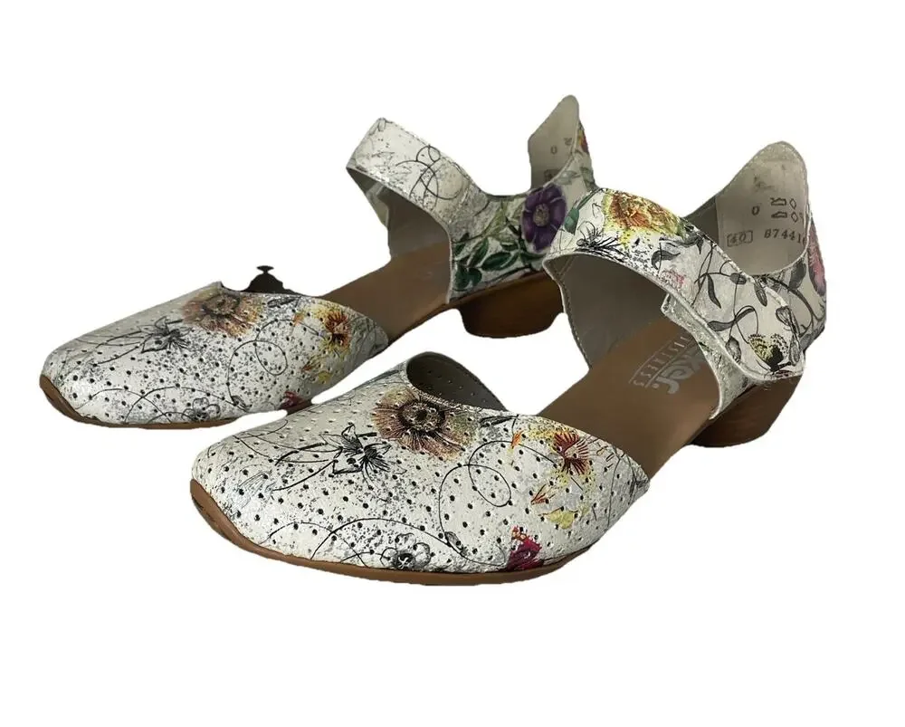 Rieker Mirjam White/Multi Leather Floral Mary Jane Sandals 40 / 9 Lightweight